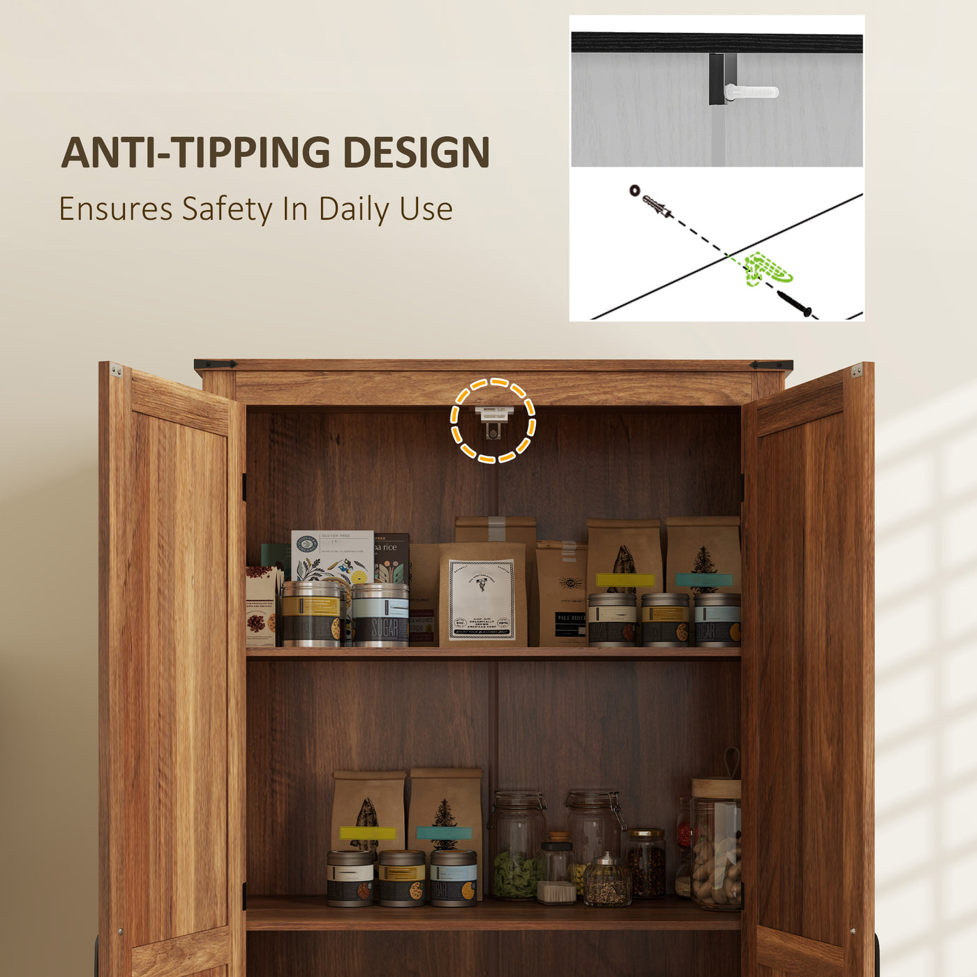 72" Farmhouse Pantry Cabinet with Adjustable Shelves, Kitchen Pantry Cabinet with 2 Doors, Brown