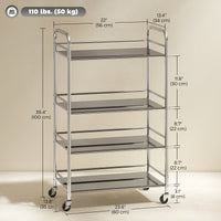 4 Tier Stainless Steel Rolling Cart with Adjustable Shelves, Utility Cart on Wheels with Handles for Kitchen, Silver