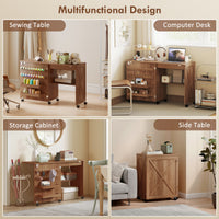 Sewing Machine Table on Wheels, Folding Craft Table with 2 Bins, Storage Shelf, 18 Pegs, Lockable Wheels, Brown