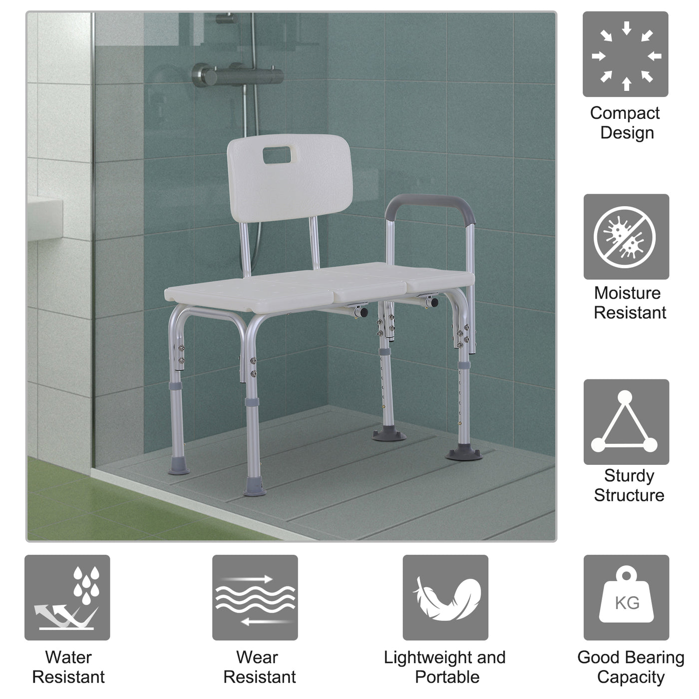 6-Level Adjustable Bath and Shower Transfer Bench Aluminum Chair with Non-Slip Feet, Armrest & Backrest White