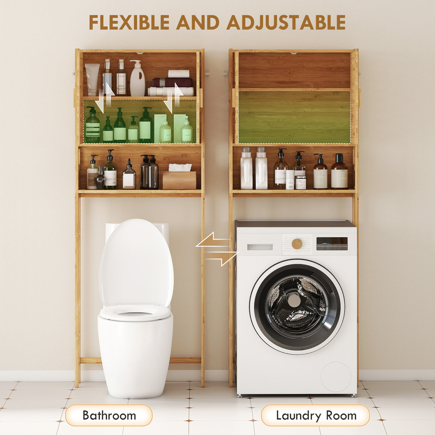 Over the Toilet Cabinet, Bathroom Organizer with 2 Doors, Open Compartment and Adjustable Shelf, Natural Wood Finish