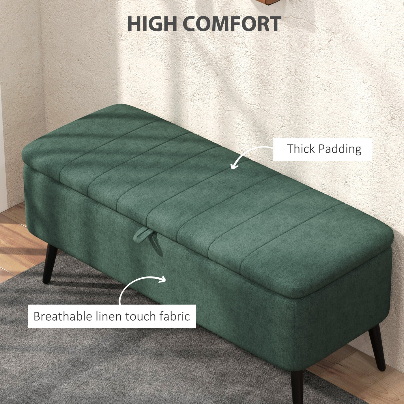 40" Ottoman with Storage, Linen Upholstered Storage Ottoman Bench with Steel Legs for Living Room, Bedroom Dark Green