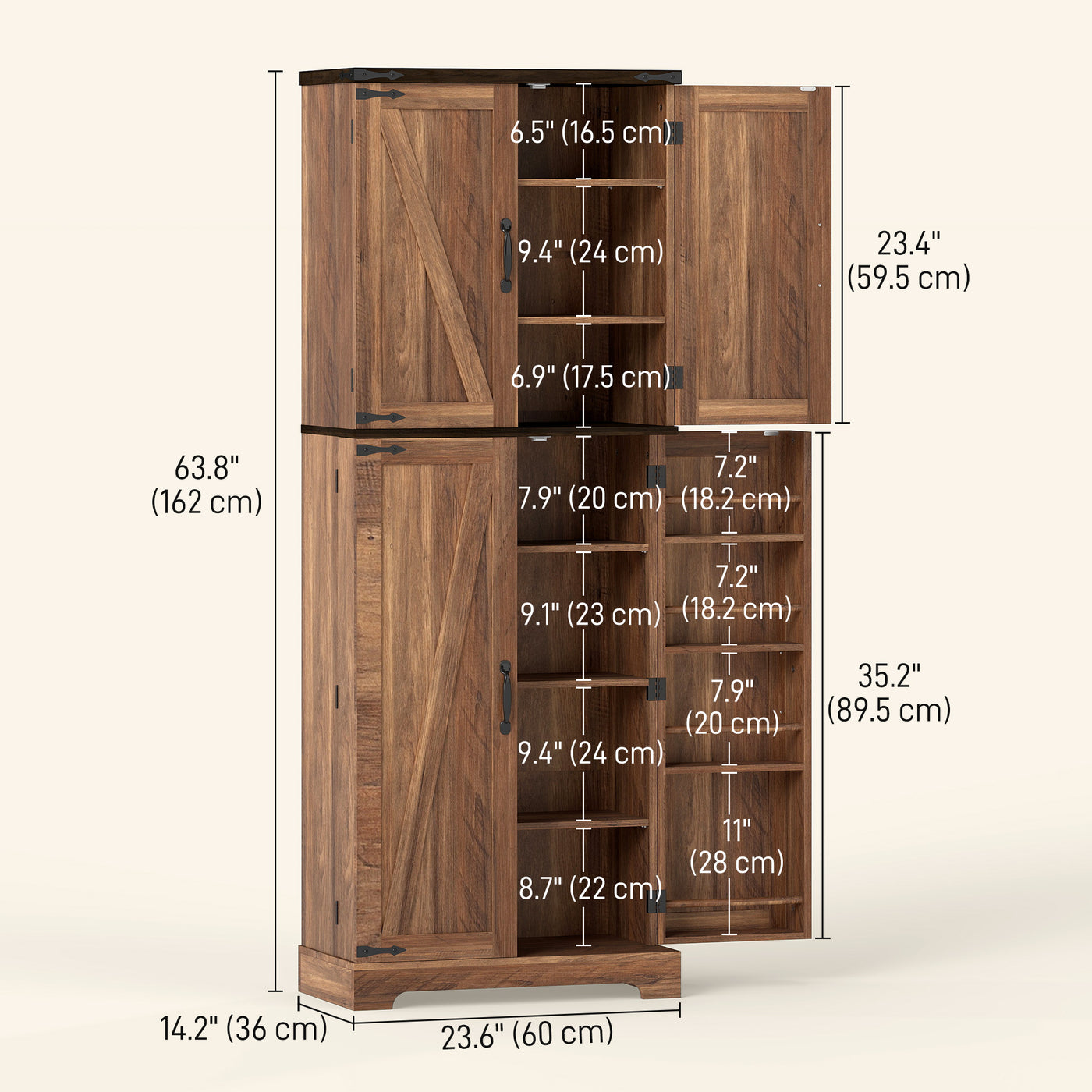 64" Tall Kitchen Pantry Cabinet with Spice Racks and Adjustable Shelves, Brown Wood Grain