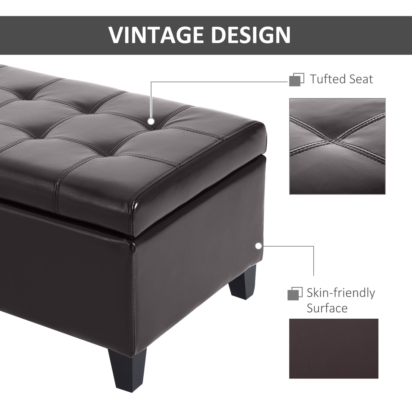 Storage Ottoman Bench, Foot Rest with Solid Wood Legs, 51 Inches PU Leather Storage Chest for Living Room, Brown