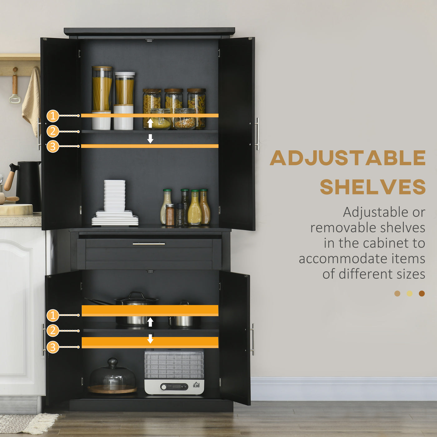72" Kitchen Pantry Cabinet, Freestanding Storage Cabinet, 4-Door Cabinet with Drawer and Adjustable Shelves, Black