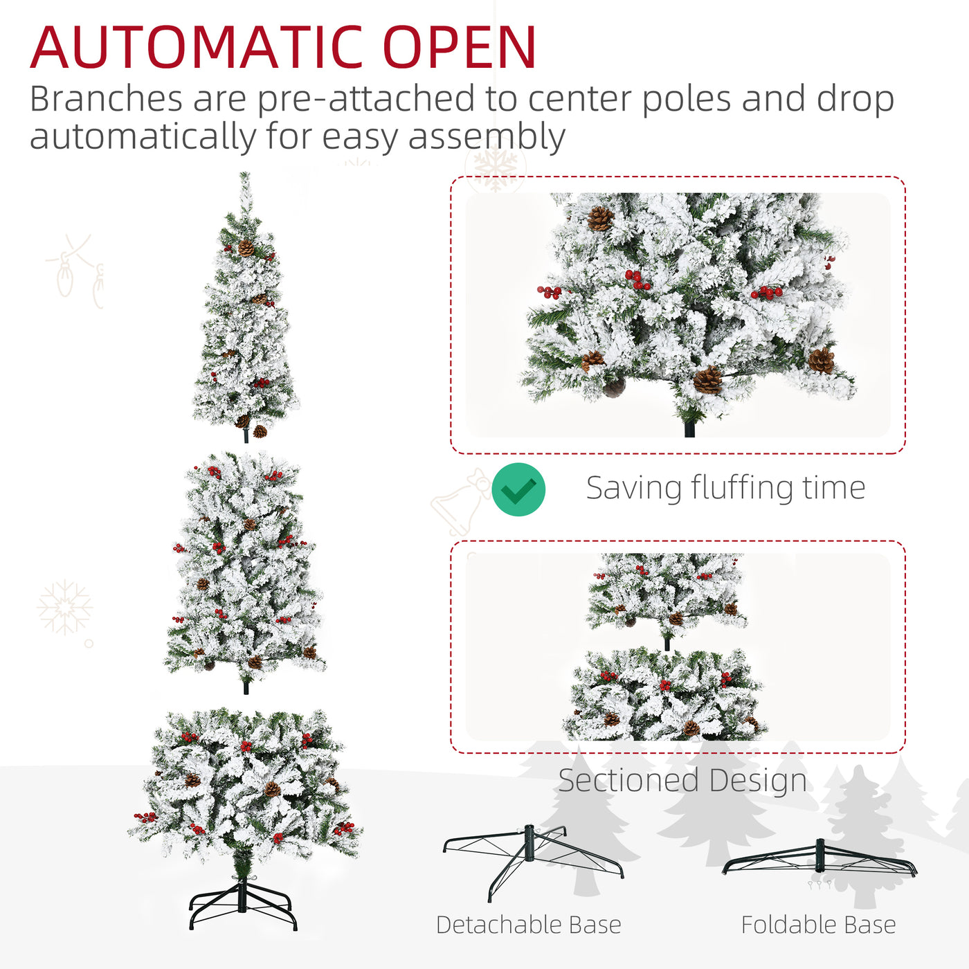 7.5 Foot Pencil Snow Flocked Artificial Christmas Tree with 950 Pine Realistic Branches, Pine Cones, Red Berries, Auto Open, Green
