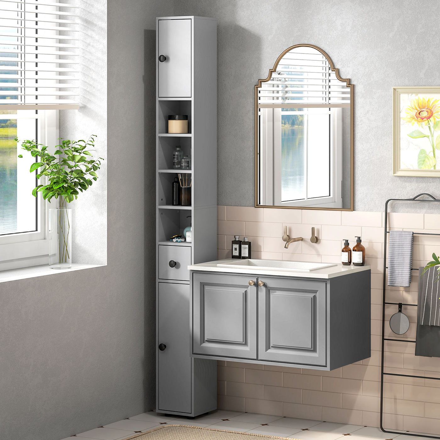 71" Tall Bathroom Cabinet, Narrow Toilet Paper Cabinet with Open Shelves, 2 Door Cabinets, Adjustable Shelves, Grey