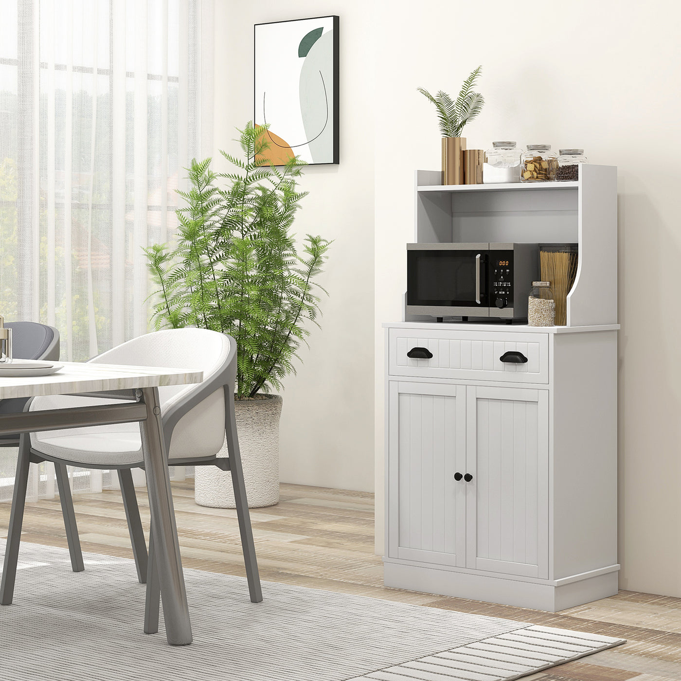 Microwave Cabinet, Kitchen Storage Cabinet with Drawer and Adjustable Shelf, White