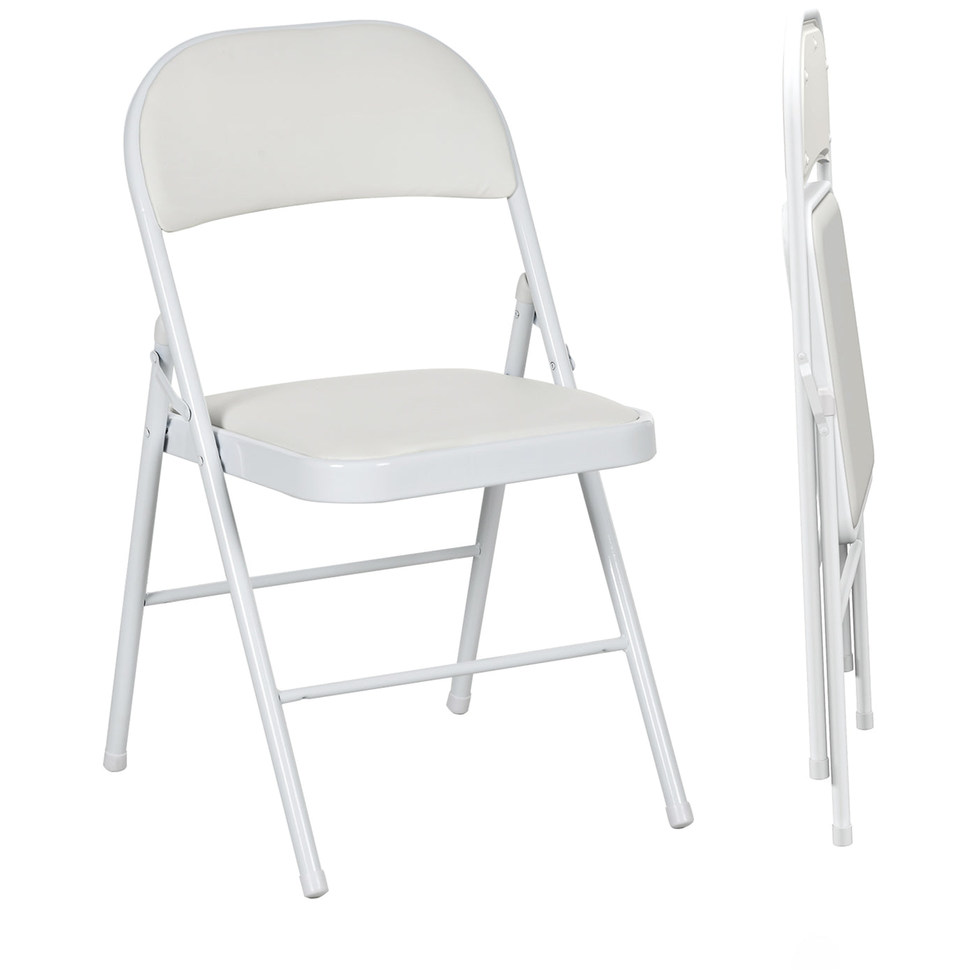 Set of 2 Metal Foldable Chairs, PU Leather Padded Folding Chairs with Cushion Seat and Open Back for Indoor, White