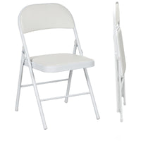 Set of 2 Metal Foldable Chairs, PU Leather Padded Folding Chairs with Cushion Seat and Open Back for Indoor, White