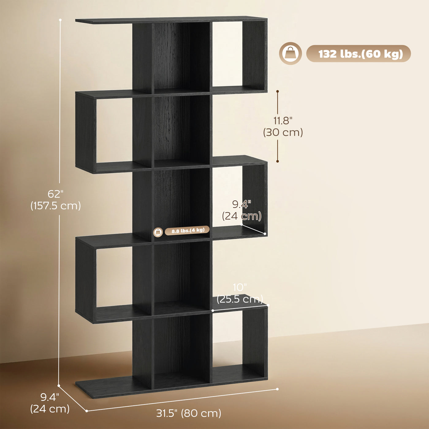 5-Tier Bookshelf, S Shaped Geometric Bookcase with 15 Compartments, Black Wood Grain