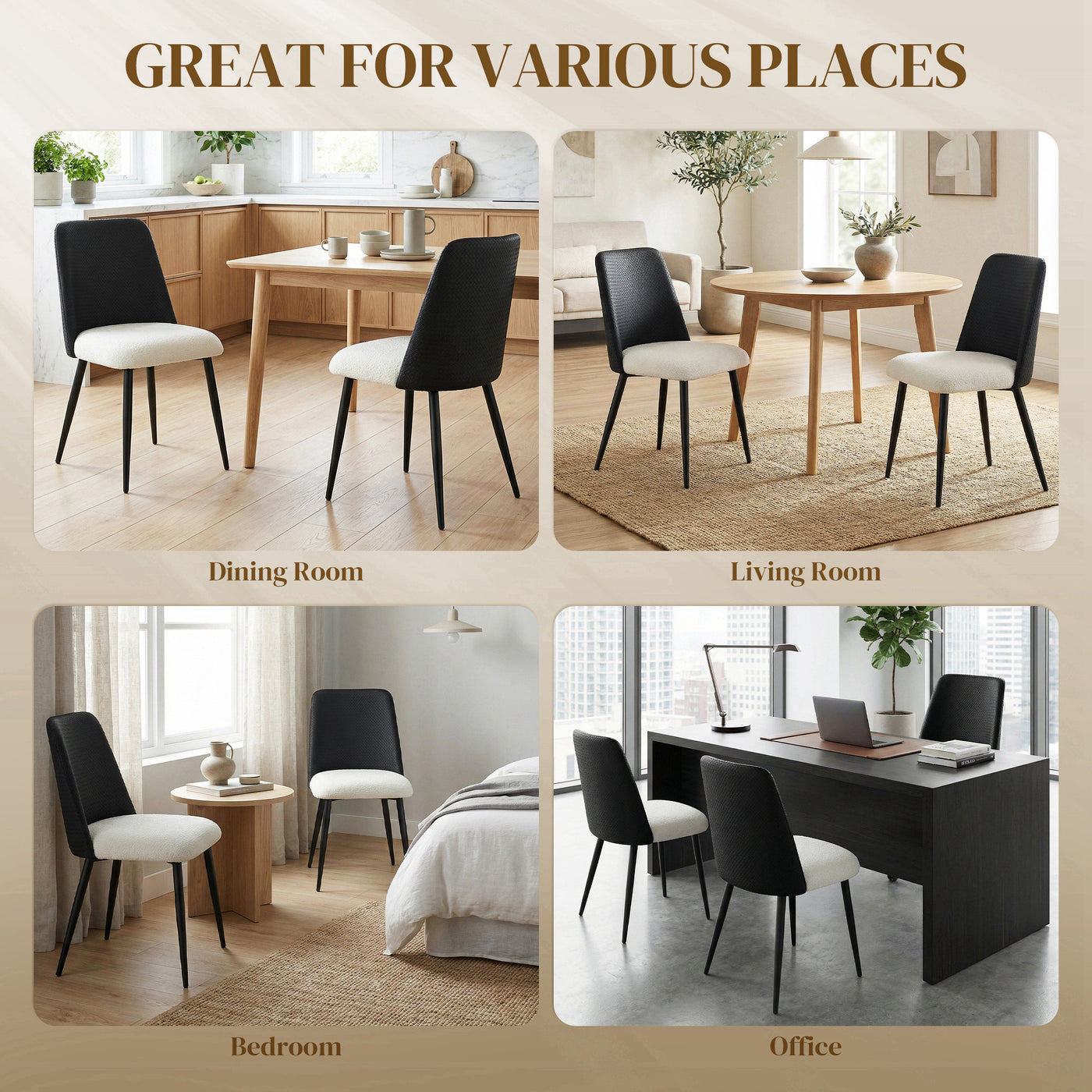 Dining Chairs Upholstered Kitchen Chairs Set of 2 with Steel Legs and Padded Seat for Dining Room, Kitchen, Black