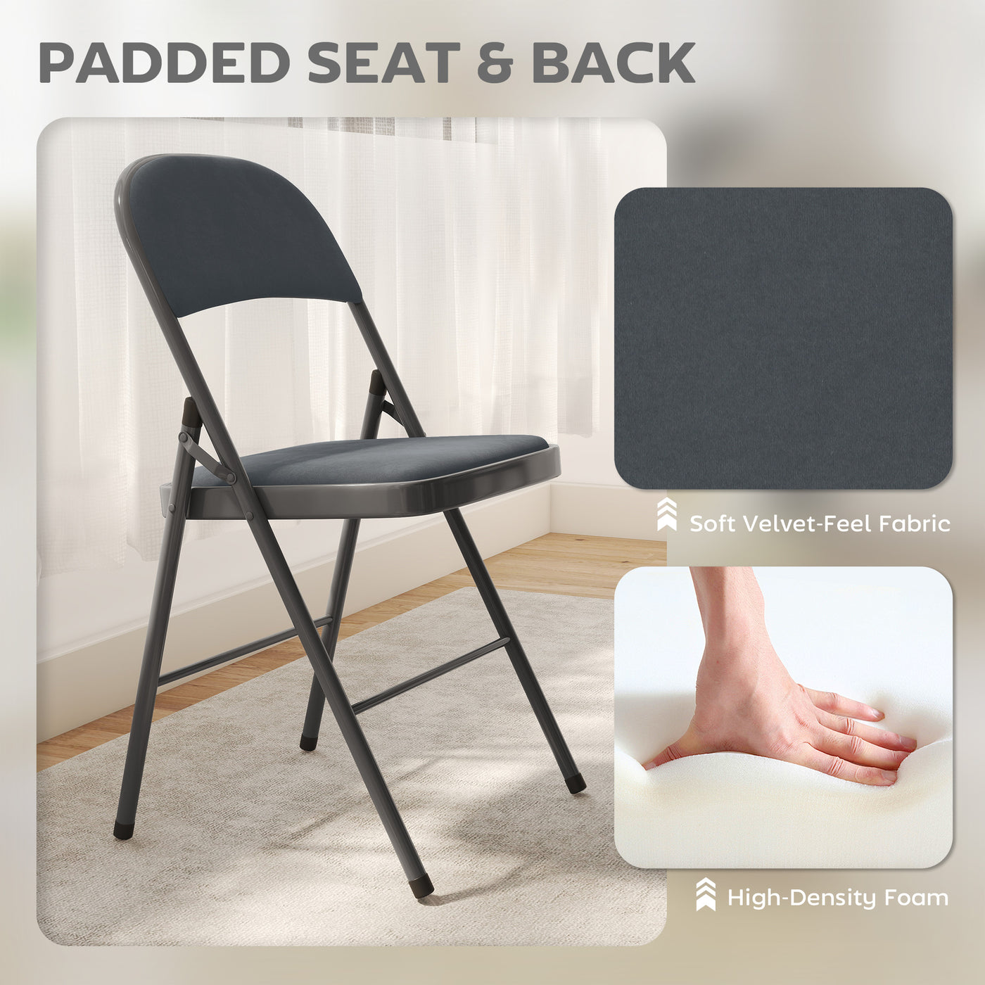 4 Pack Folding Chairs with Padded Seats, Velvet Portable Party Chairs with Steel Frame, Dark Grey