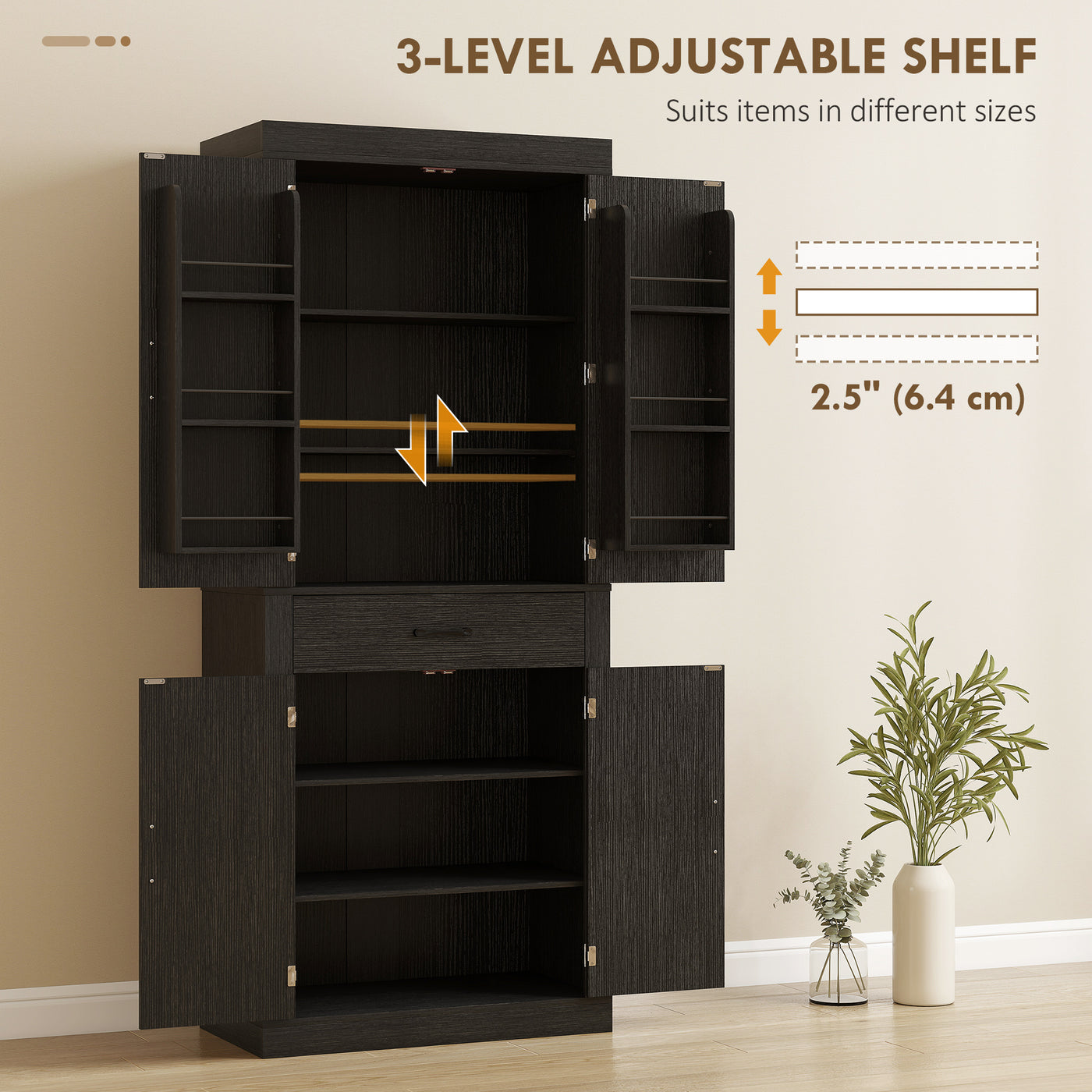 72" Kitchen Pantry Cabinet, Farmhouse Kitchen Storage Cabinet with 4 Barn Doors, 6 Door Shelves, Drawer, Black