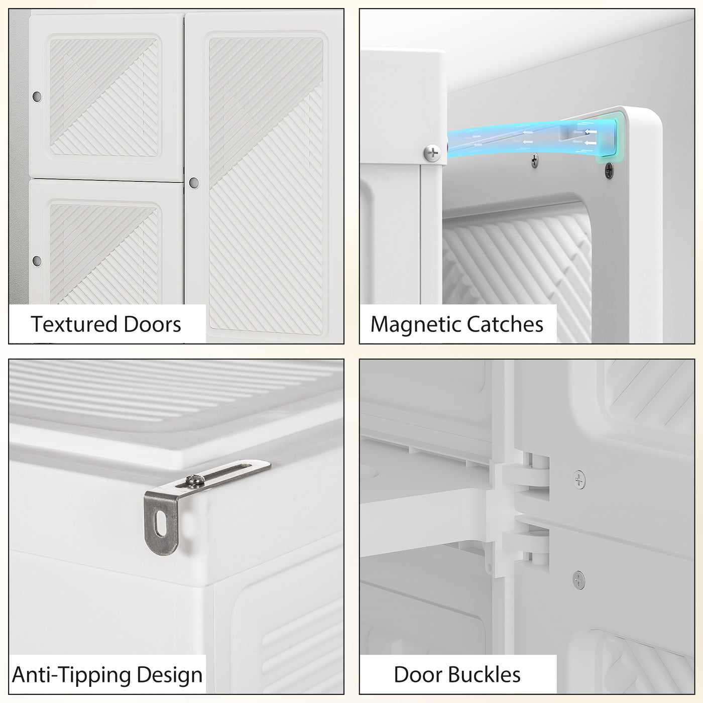 Portable Wardrobe, Foldable Plastic with 8 Compartments, 2 Hanging Rods and Magnetic Doors, White
