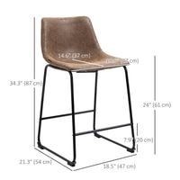 Counter Height Bar Stools Set of 2, Vintage PU Leather Bar Chairs, Kitchen Stools w/ Footrest for Home Bar, Brown