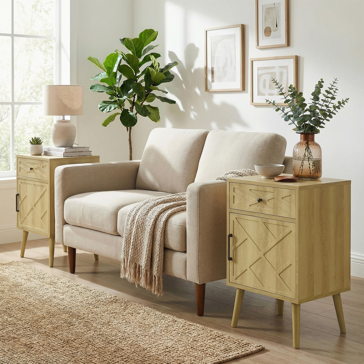 Nightstand Set of 2, Bedside Table Set with Drawer and Cabinet, Side End Table with Storage for Living Room, Oak