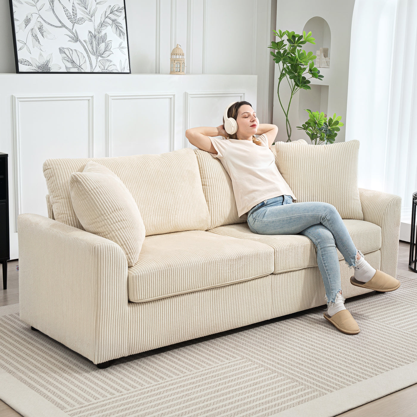 3 Seater Sofa, 83.5" Modern Upholstered Couch with Pocket Spring and 2 Scatter Cushions for Living Room, Cream White