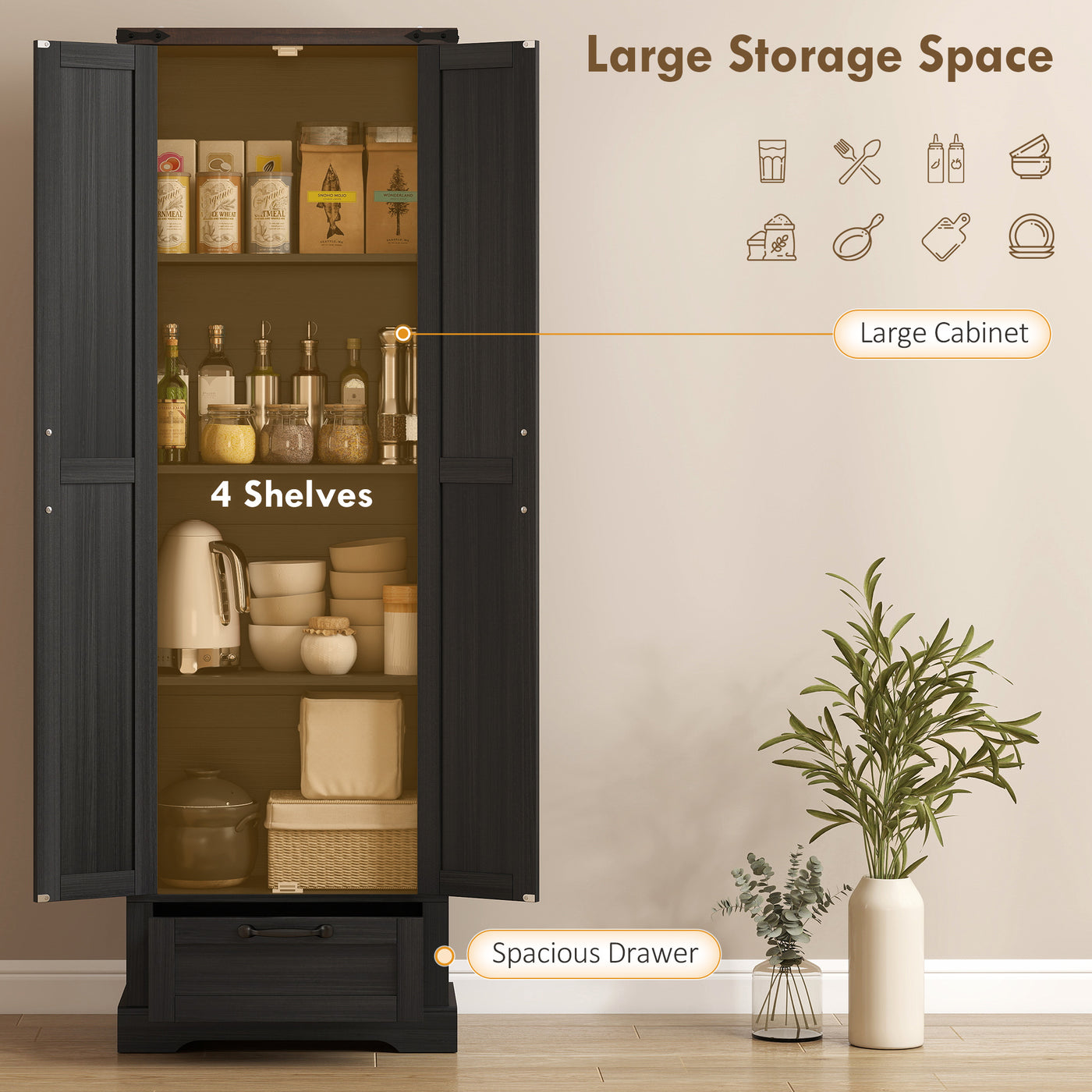 71" Pantry Cabinet, Kitchen Storage Cabinet with Adjustable Shelves, 2 Doors and Drawer for Dining Room, Black