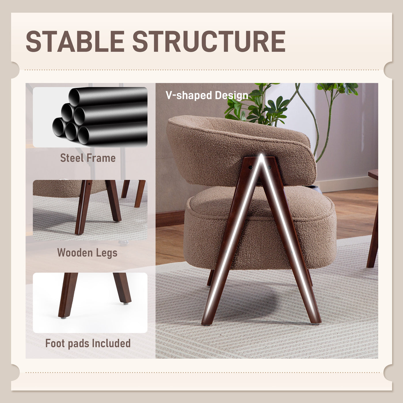 Sherpa Fleece Accent Chair, Upholstered Armchair with Solid Wood Legs and Steel Frame for Living Room, Light Brown