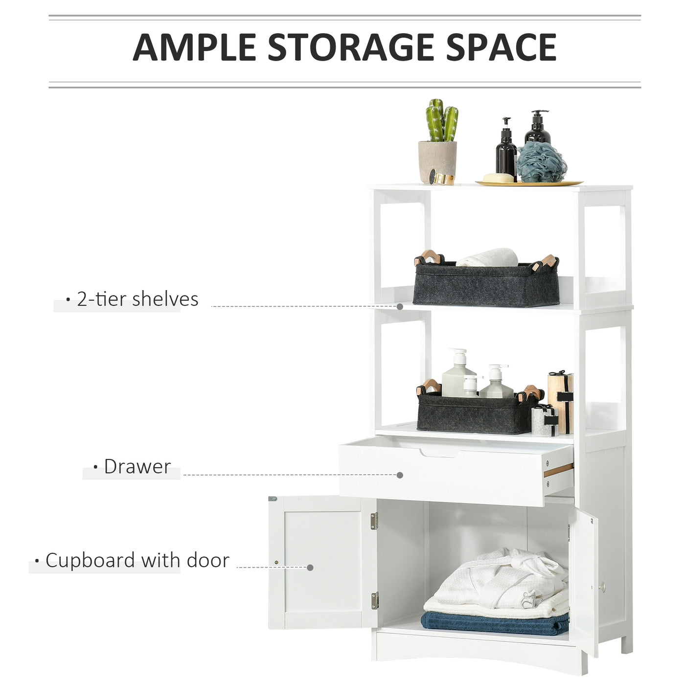 Bathroom Floor Cabinet, Free Standing Kitchen Cabinet with Shelves, Drawer and Doors, for Living Room, White