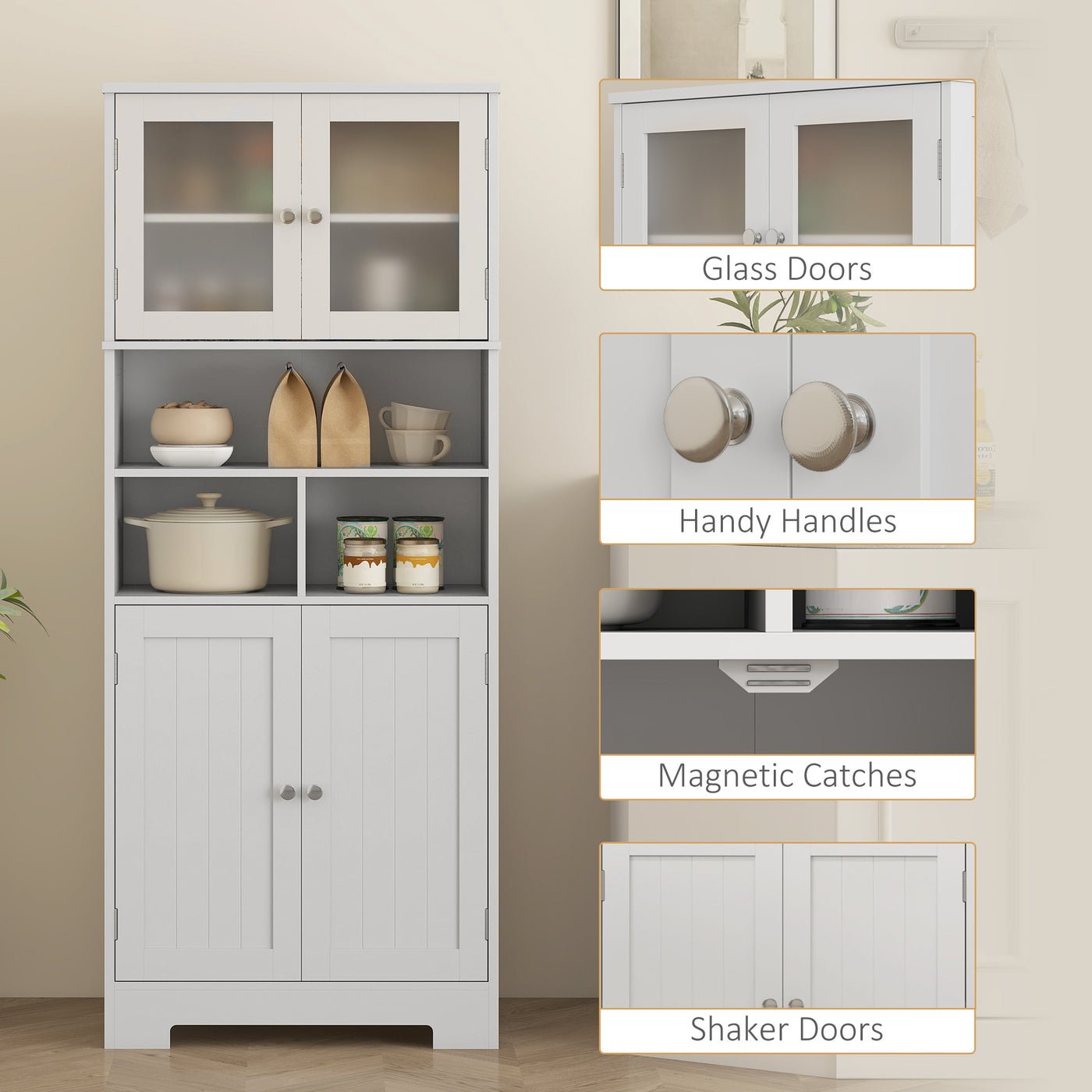 57" Kitchen Pantry, Freestanding Pantry Storage Cabinet with Glass Doors, Adjustable Shelves, Open Compartments, White