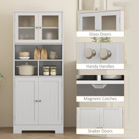 57" Kitchen Pantry, Freestanding Pantry Storage Cabinet with Glass Doors, Adjustable Shelves, Open Compartments, White
