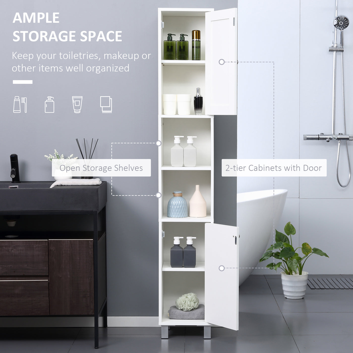 Tall Bathroom Storage Cabinet with Mirror, Freestanding Narrow Linen Tower Cabinet with Adjustable Shelves for Bathroom, White
