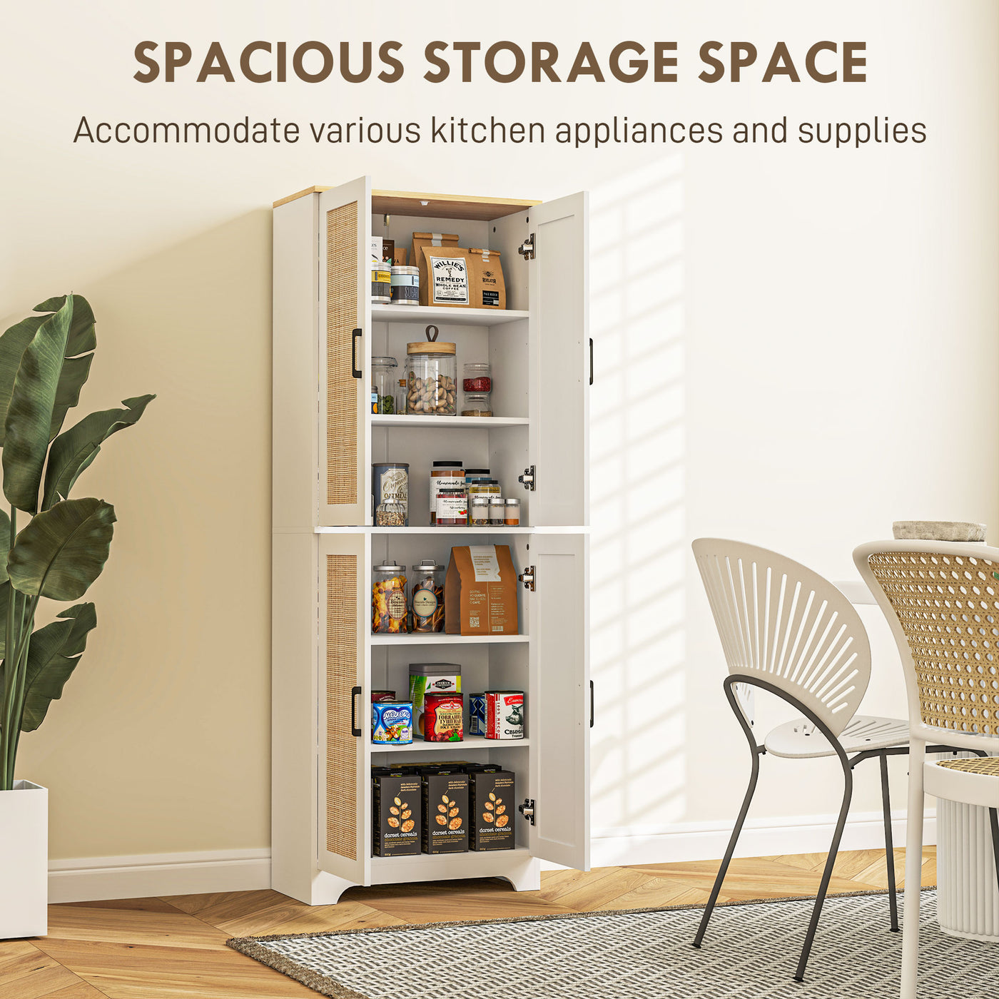67" Tall Kitchen Pantry, Freestanding Kitchen Storage Cabinet with 4 Rattan Doors and Adjustable Shelves, White