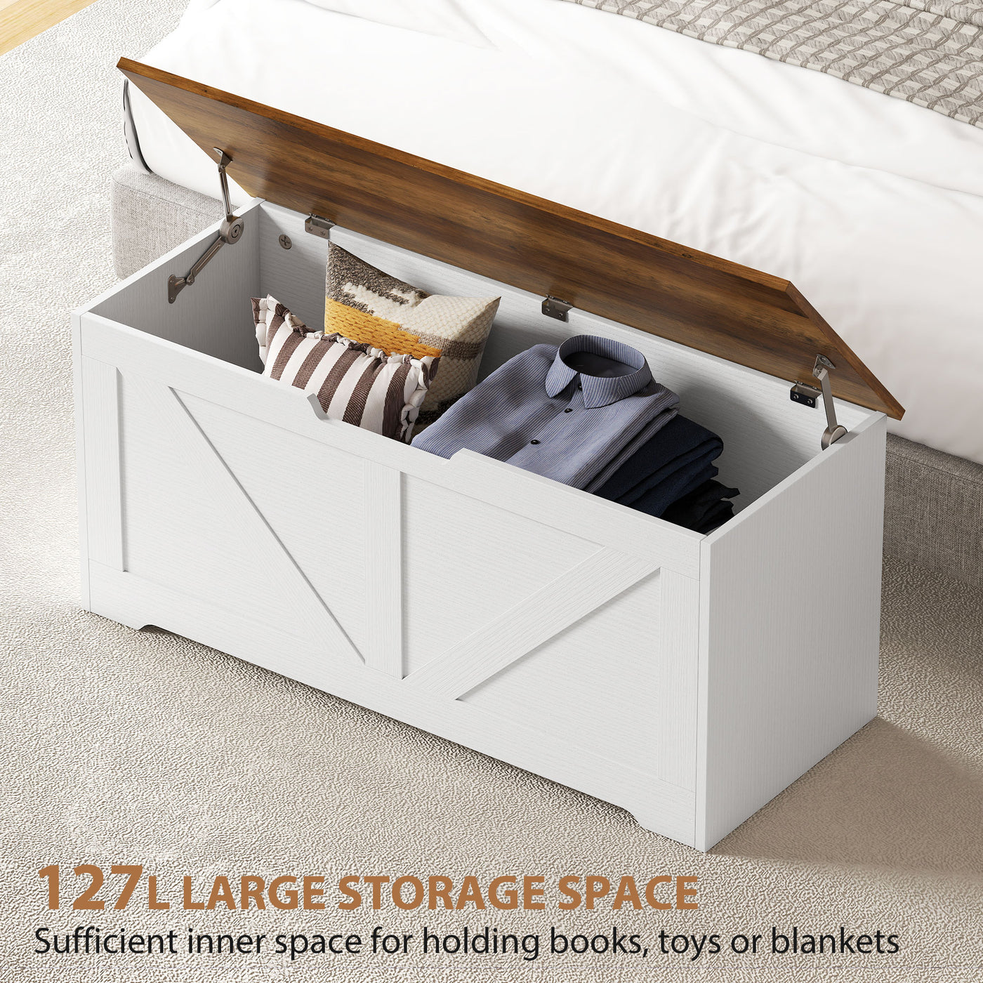 39.4 Inches Storage Chest, Storage Trunk with 2 Safety Hinges for Living Room, Brown and White Wood Grain