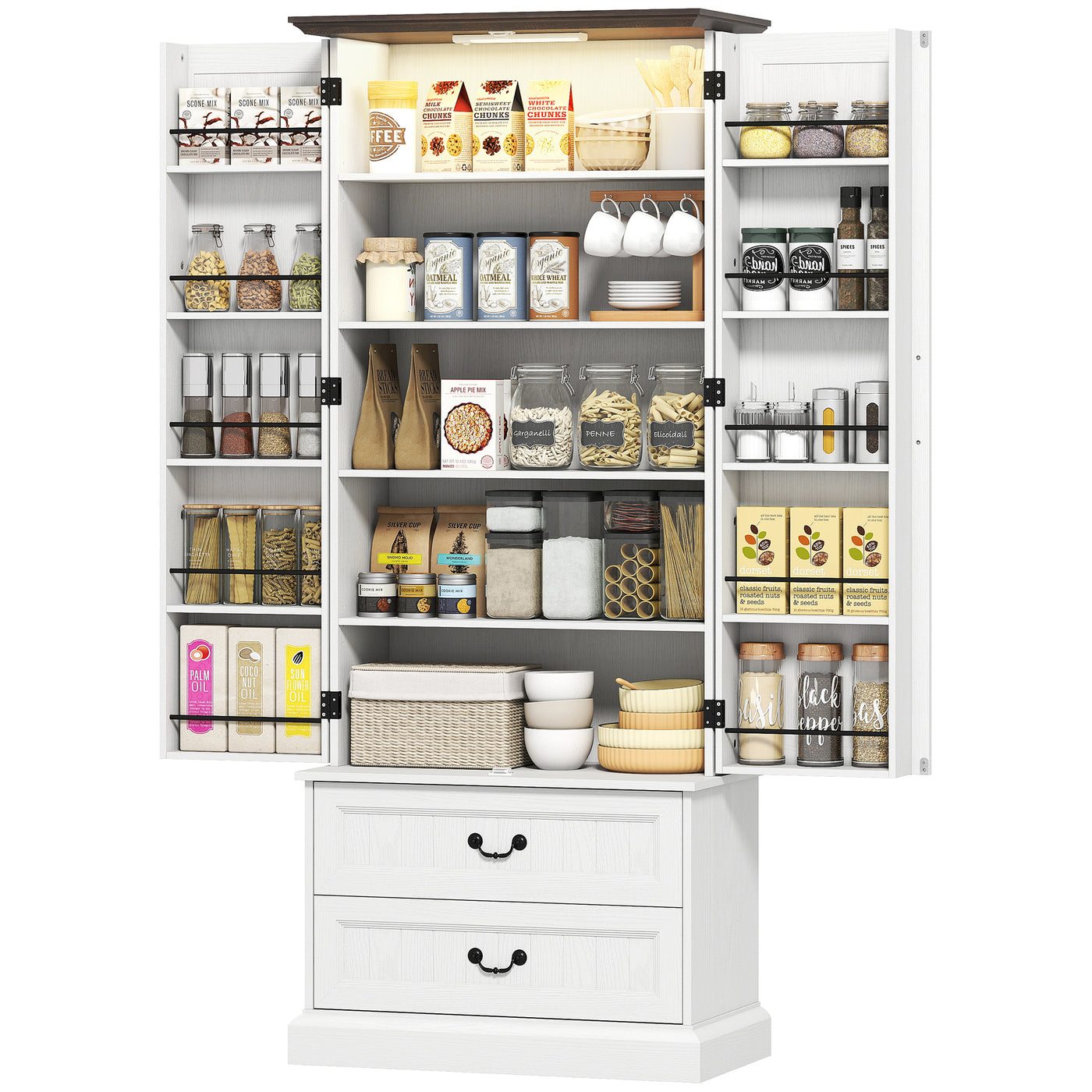72" LED Kitchen Pantry Cabinet, Buffet Storage Cabinet with 10 Door Shelves, 2 Drawers and Adjustable Shelves, White