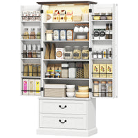 72" LED Kitchen Pantry Cabinet, Buffet Storage Cabinet with 10 Door Shelves, 2 Drawers and Adjustable Shelves, White