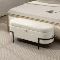 Storage Ottoman with Lift-Up Lid and Steel Legs, 45 Inches Sherpa Fleece Storage Chest for Living Room, Cream White