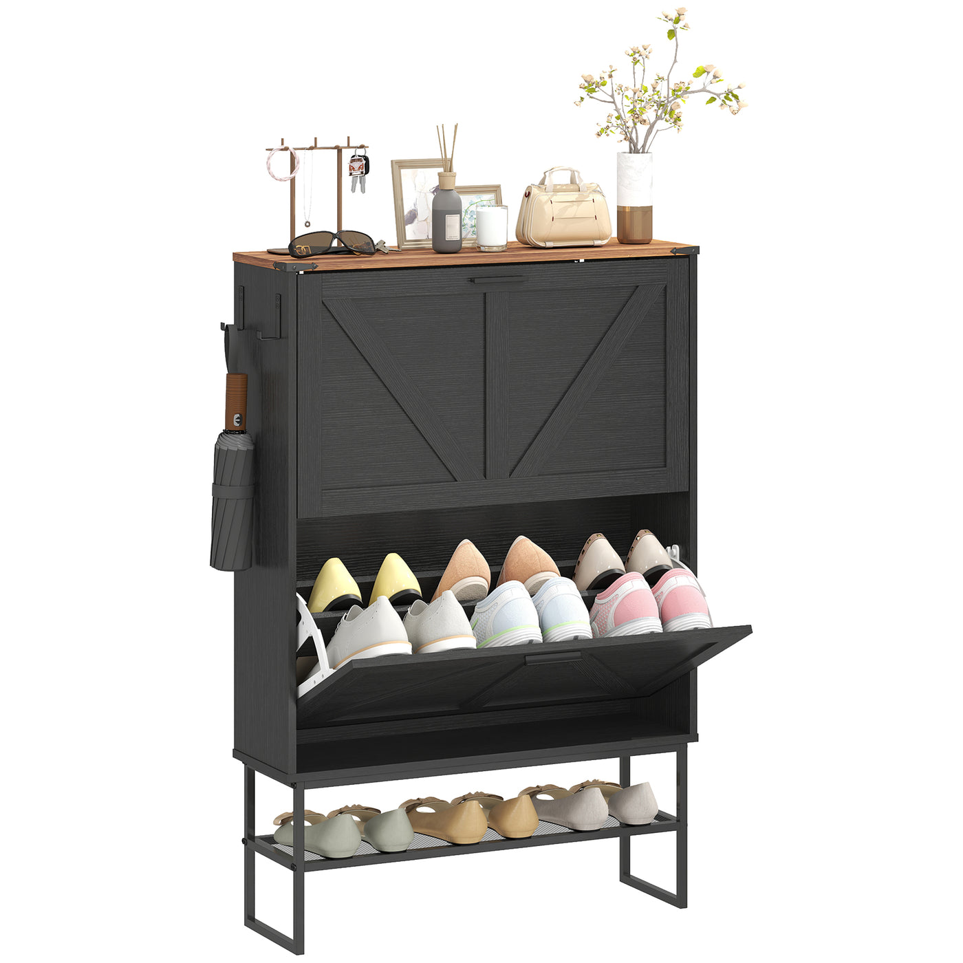 Narrow Shoe Storage Cabinet with 2 Flip Drawers, Slim Shoe Cabinet for 15-20 Pairs, Black Wood Grain