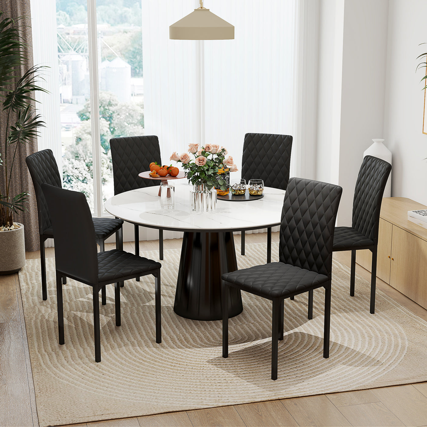Set of 6 Modern Dining Chairs, Tufted High Back Side Chairs with Upholstered Seat, Steel Legs for Living Room, Black
