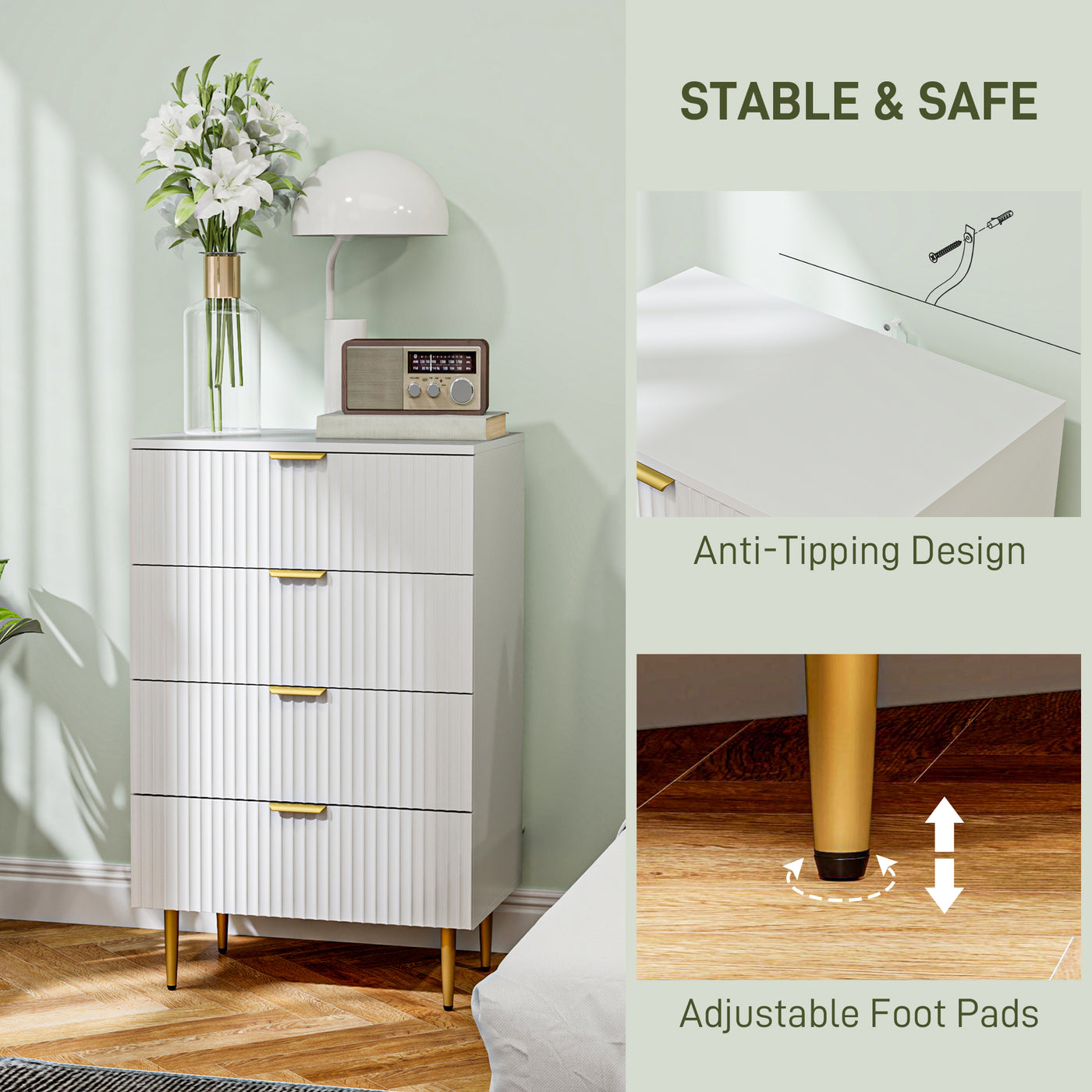 Modern Chest of Drawers 4 Drawer Dresser for Bedroom with Gold Legs and Handles, White