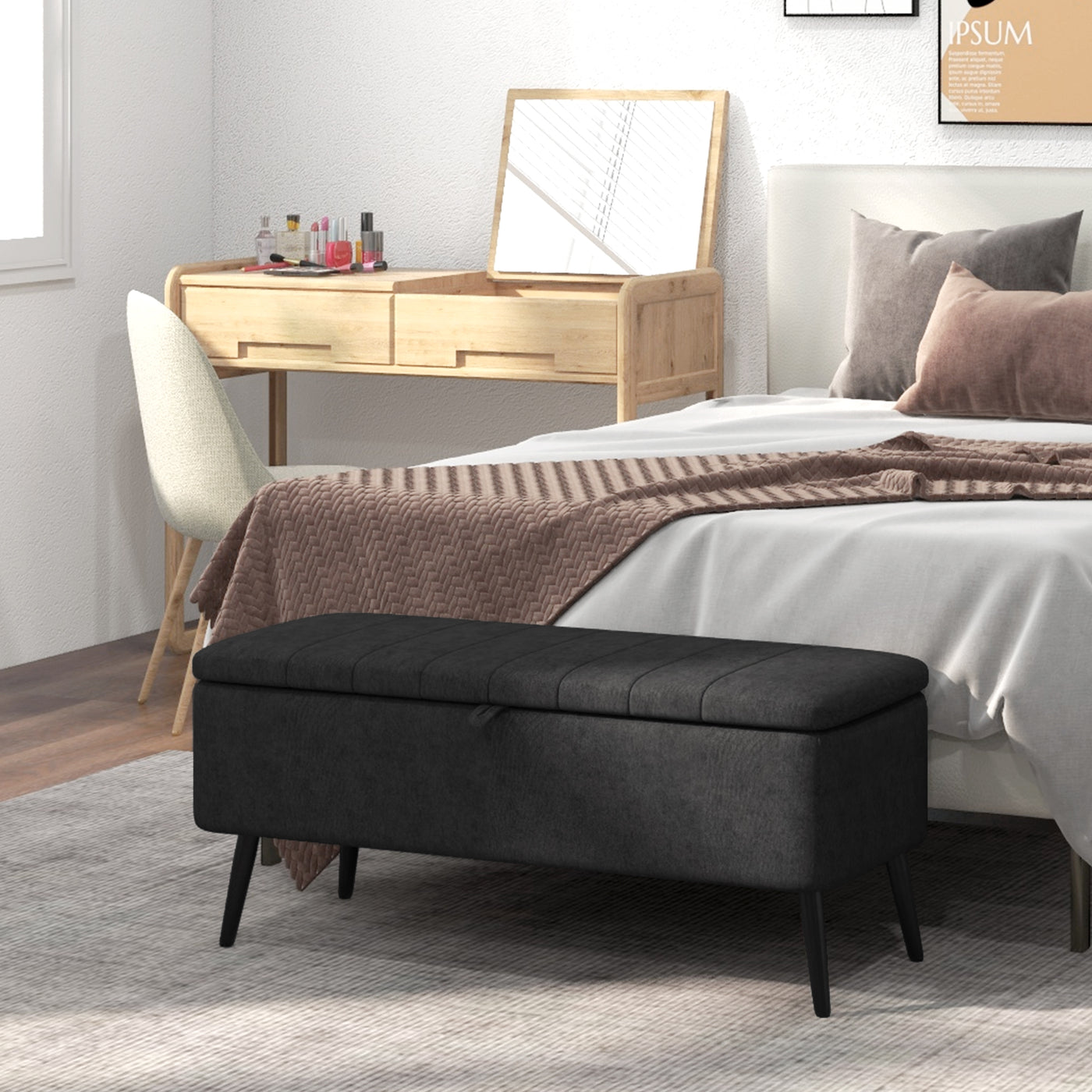 40" Ottoman with Storage, Linen Upholstered Storage Ottoman Bench with Steel Legs for Living Room, Bedroom Black