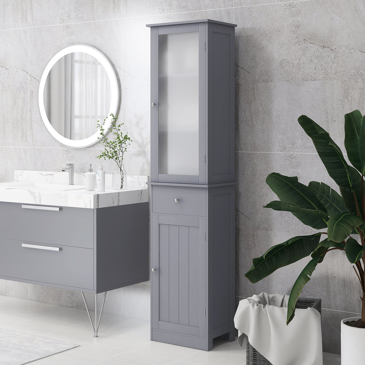 Tall Bathroom Cabinet, Bathroom Storage Cabinet with Drawers, 2 Doors and Adjustable Shelves, Grey