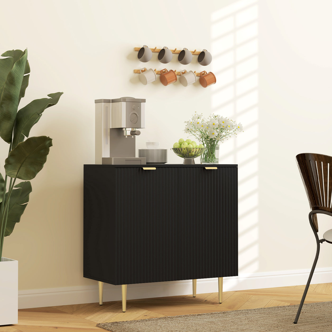 Modern Kitchen Storage Cabinet, Sideboard Buffet Cabinet with Adjustable Shelves and Metal Legs for Kitchen, Black