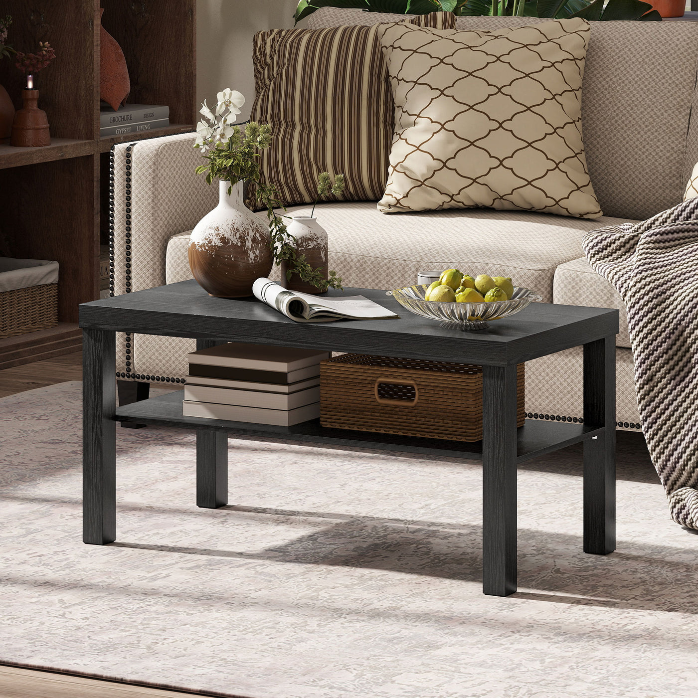2 Tier Coffee Table, Rectangular Center Table with Storage Shelf for Living Room, Home Office, Black