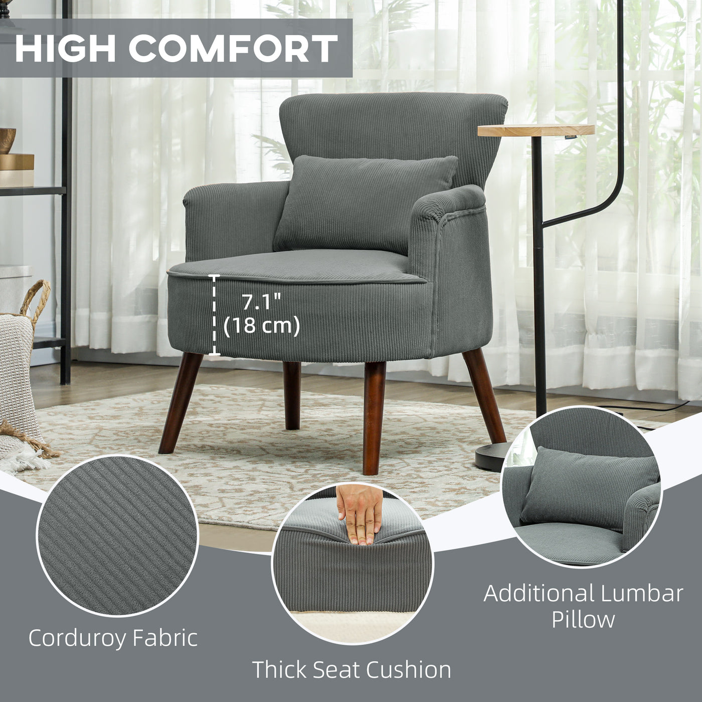 Modern Accent Chair, Upholstered Armchair with Solid Wood Legs and Lumbar Pillow for Living Room, Grey