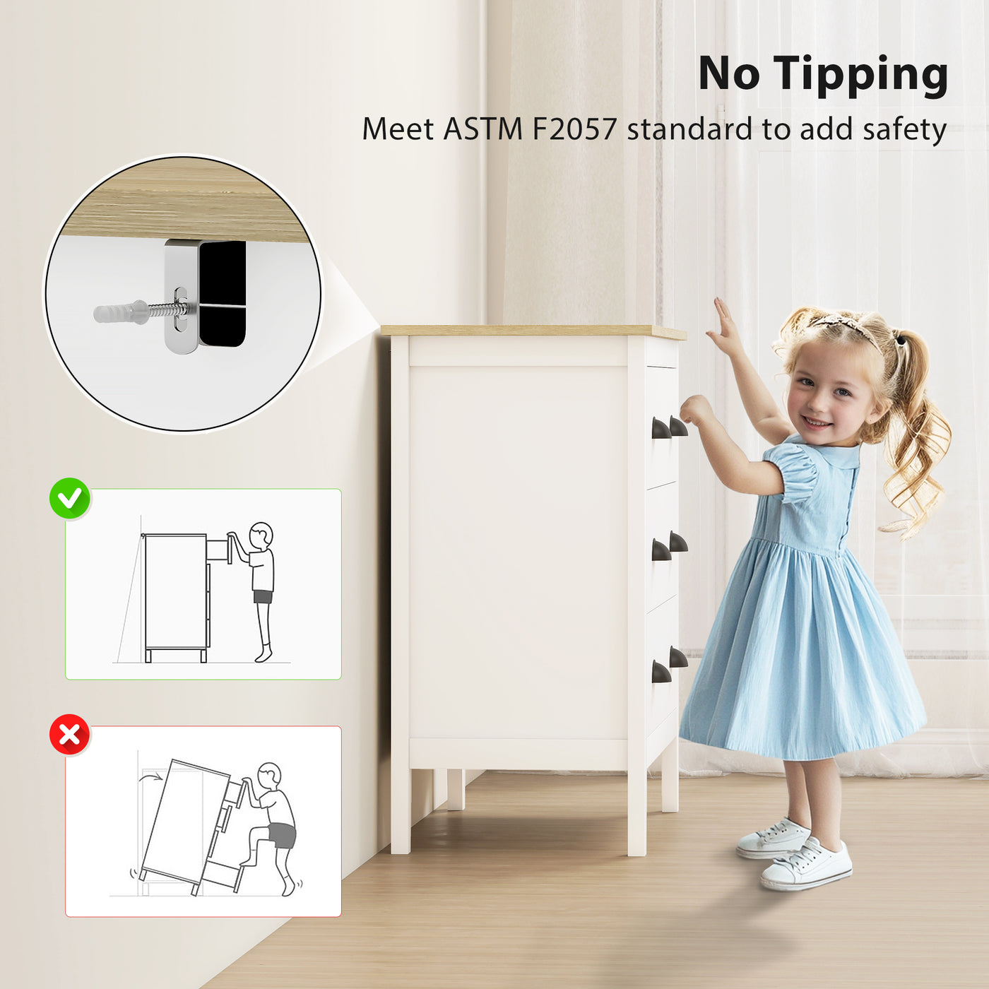 Chest of Drawers with Anti-Tipping, Simple Setup, Easy Clean, Quiet Slides, Modern 3 Drawer Dresser, White