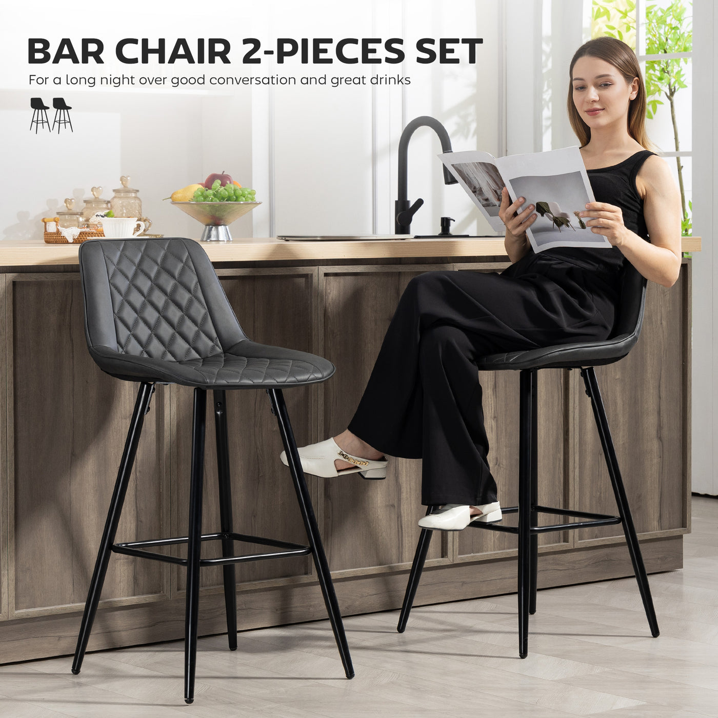 PU Leather Counter Height Bar Chairs Set of 2, 27.75" Bar Stools with Metal Legs for Dining Area, Kitchen Island, Black