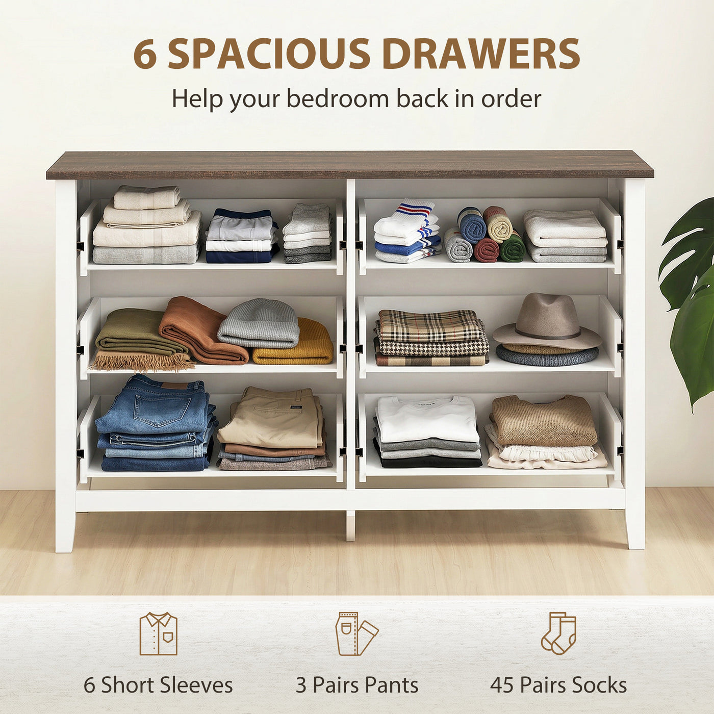 Wide Dresser for Bedroom with 6 Drawers Storage Chest of Drawers for Living Room, Closet, Laundry, Entryway
