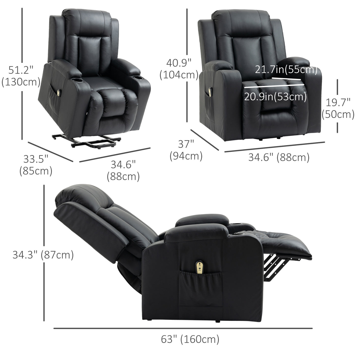 Power Lift Recliner Chair for Elderly, PU Leather Electric Recliner Chair with Footrest, Remote Control, Side Pockets and Cup Holders for Living Room, Black