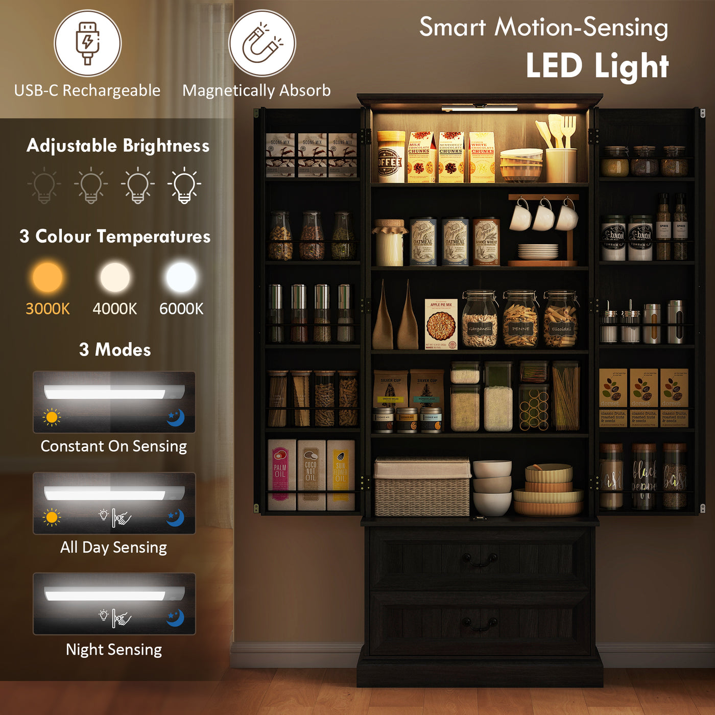 72" LED Kitchen Pantry Cabinet, Buffet Storage Cabinet with 10 Door Shelves, 2 Drawers and Adjustable Shelves, Black