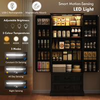 72" LED Kitchen Pantry Cabinet, Buffet Storage Cabinet with 10 Door Shelves, 2 Drawers and Adjustable Shelves, Black
