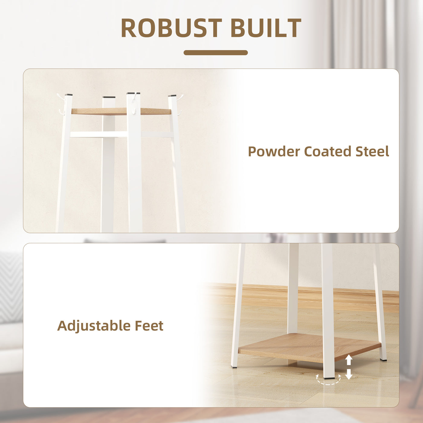 Clothes Rack with Storage, Garment Rack with 8 Hooks and 3-Tier Shelf, Clothes Stand for Bedroom, Entryway, Oak