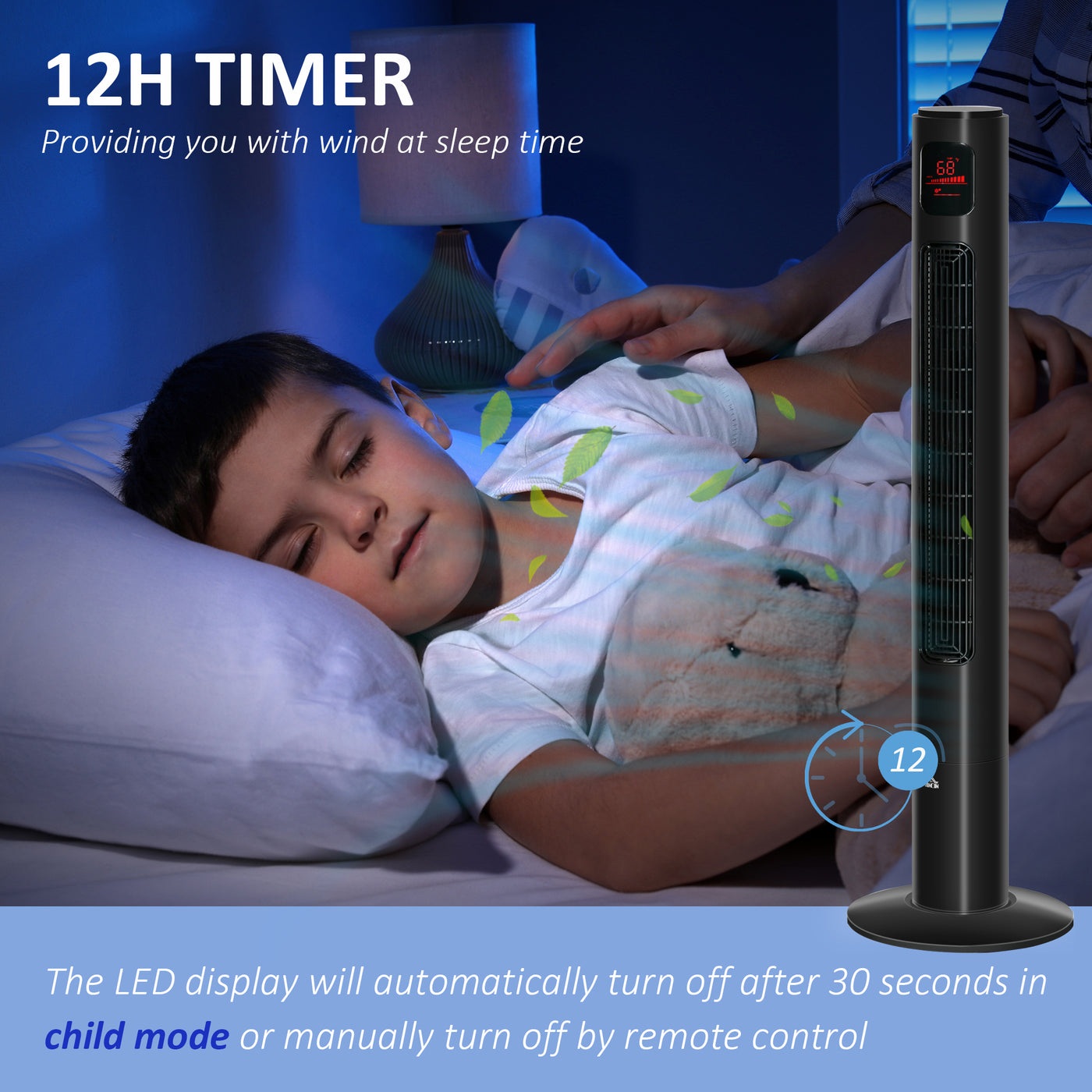 Freestanding Tower Fan Cooling for Home Bedroom with Oscillating, 3 Speed, 12h Timer, LED Sensor Panel, Remote Controller, Black