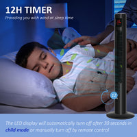 Freestanding Tower Fan Cooling for Home Bedroom with Oscillating, 3 Speed, 12h Timer, LED Sensor Panel, Remote Controller, Black